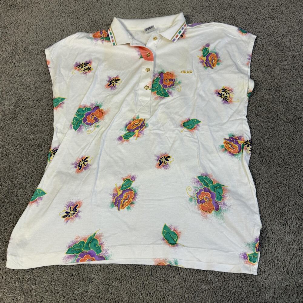 Vintage HEAD Polo Shirt Womens Large White Floral Tennis 100% Cotton 90s